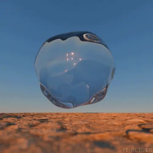 Glassy liquid bubble floating above a desert at dusk