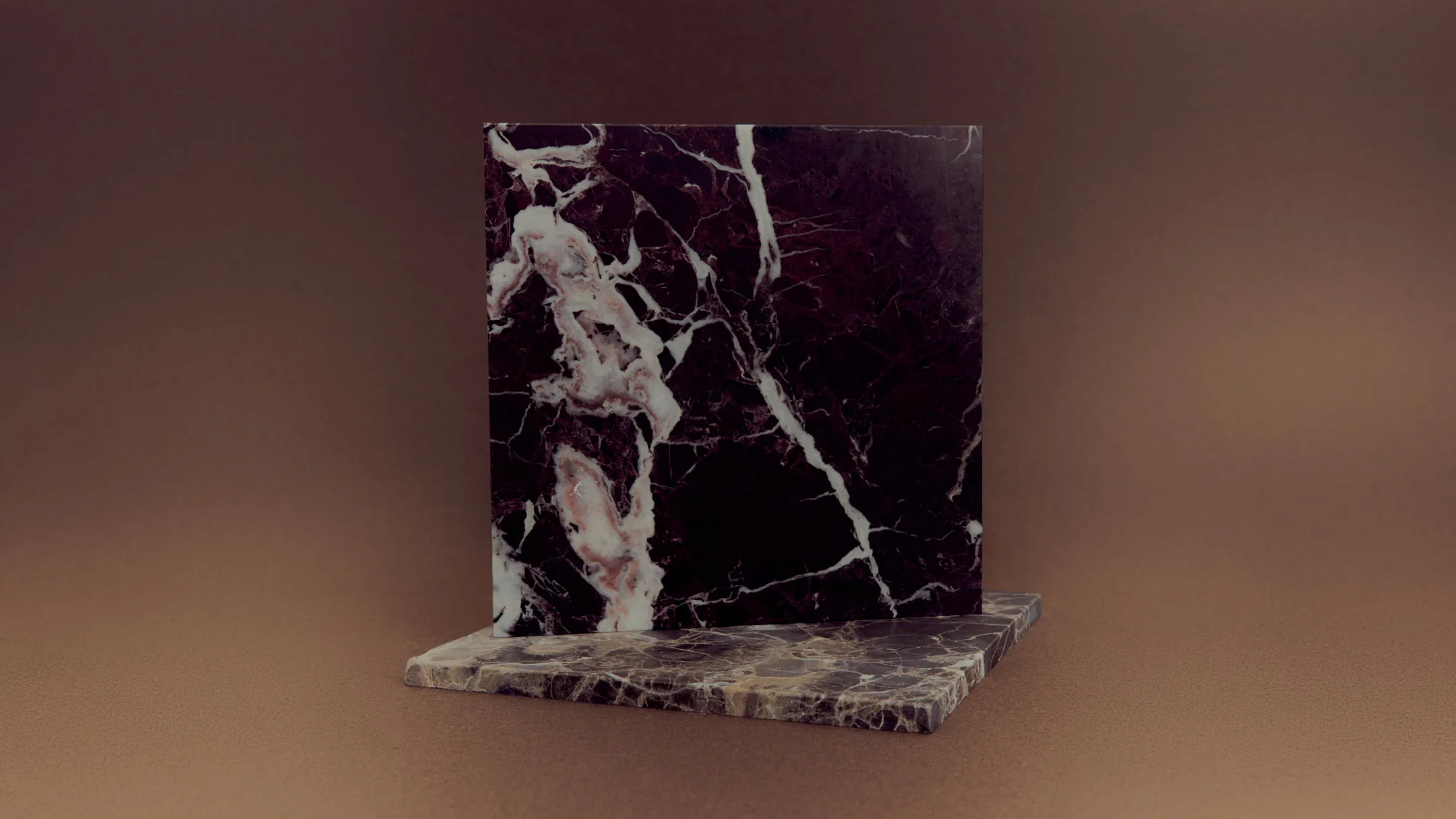 Dark red marble tile standing on a marble slab