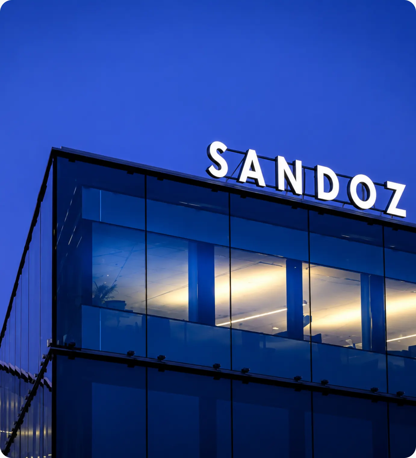 Illuminated Sandoz sign on a glass office building at night