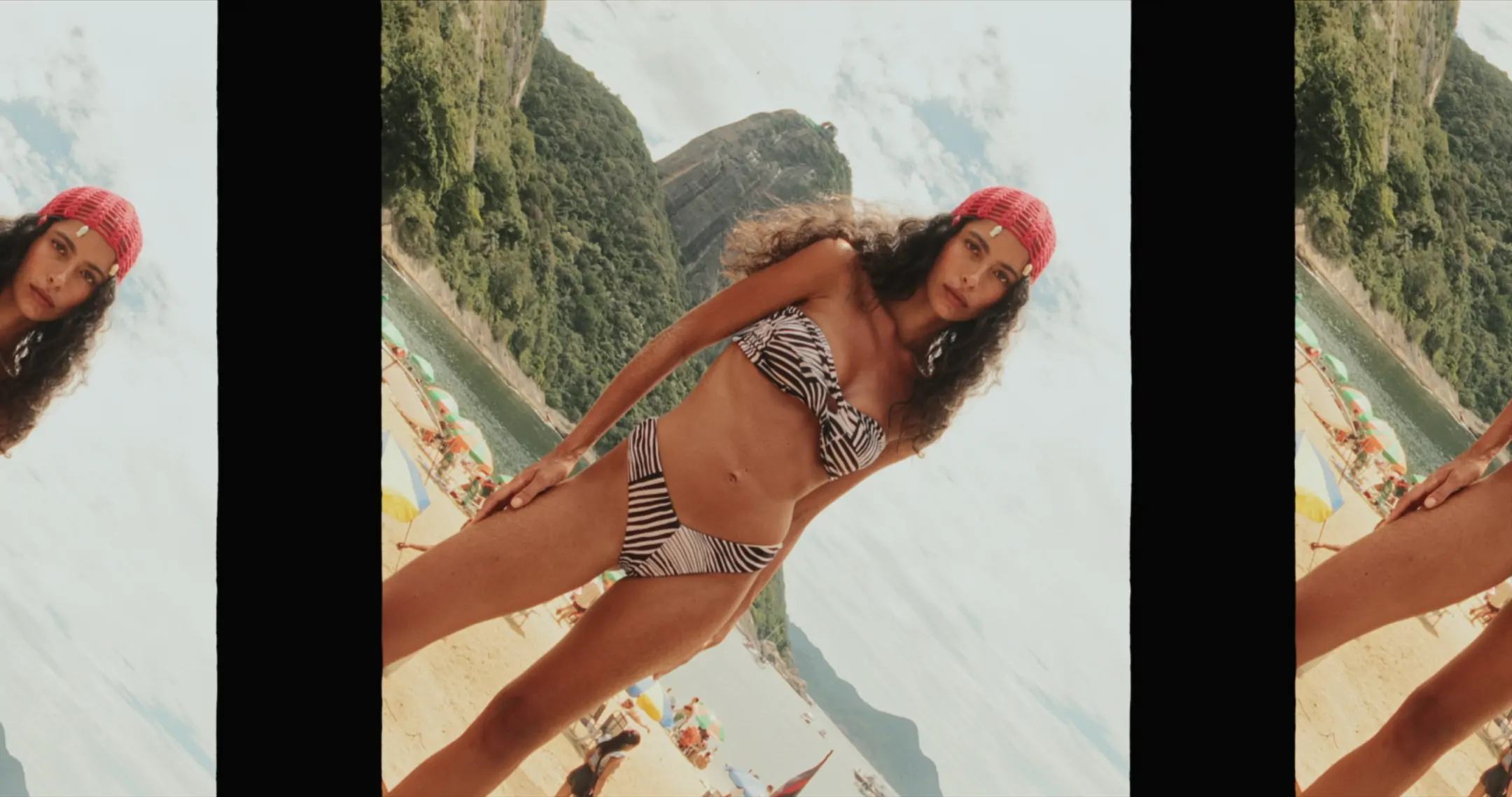 Film strip of a model in a zebra-print bikini on a beach below a mountain