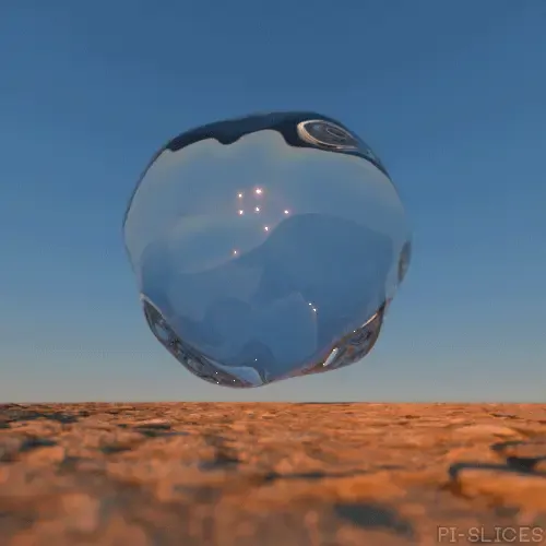 Glassy liquid bubble floating above a desert at dusk