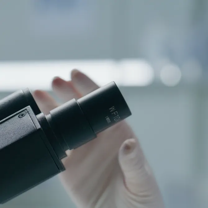 Gloved hand adjusting a laboratory microscope